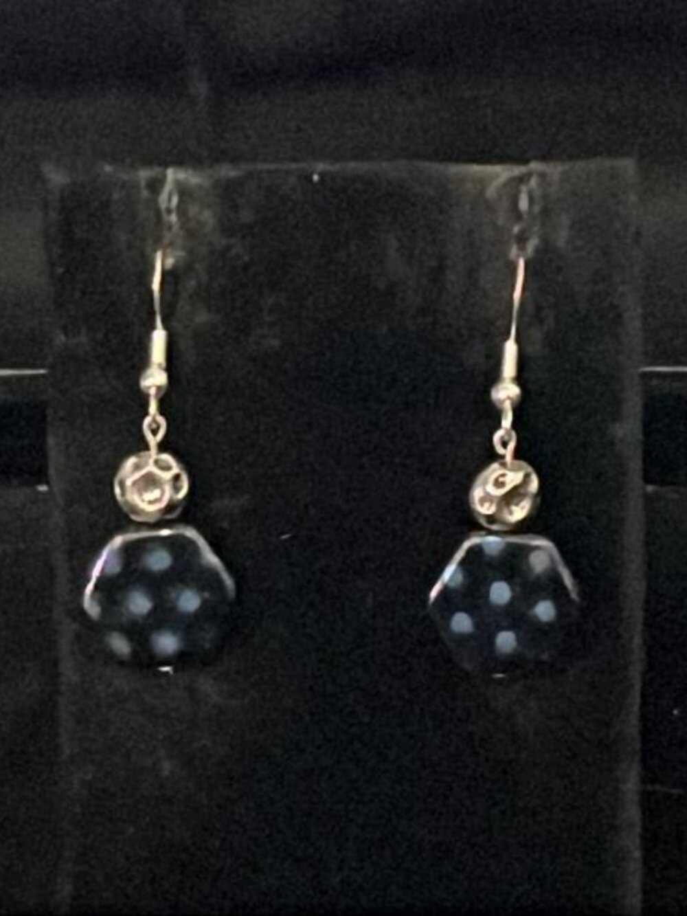 Flat 6-Sided Black with Blue Dot Earrings